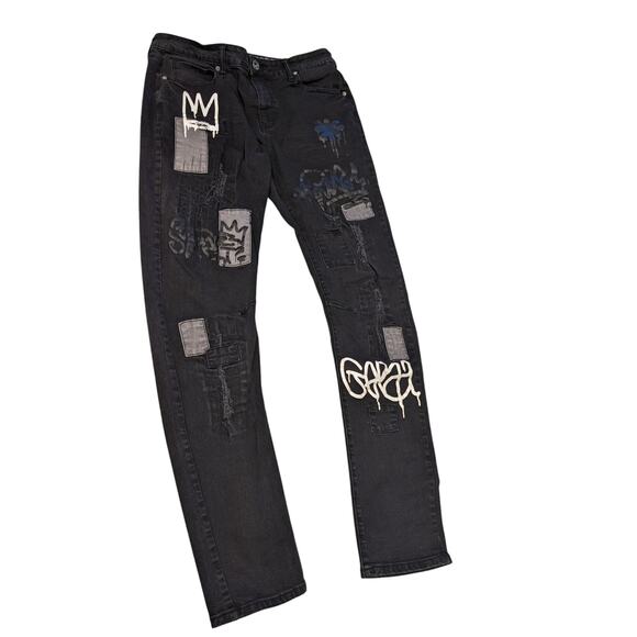 Rutherford Skinny Fit Jeans Mens 34 Distressed Graffiti Patches Streetwear Bold - Picture 10 of 12